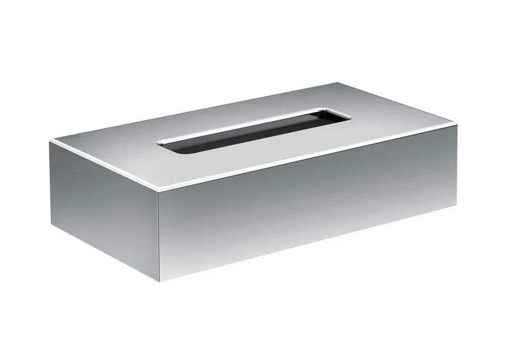 Chromfarbene Kosmetiktuchbox von AXOR mit rechteckiger Form und schmalem Ausschnitt zum Entnehmen von Tüchern. Sieht modern und elegant aus.